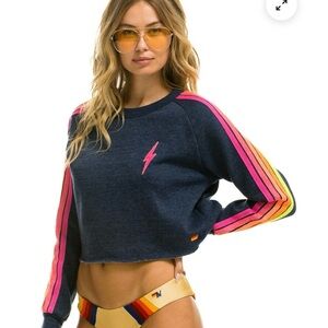 AVIATOR NATION Lightening Cropped Sweatshirt with Neon Striped Sleeves